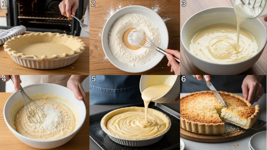 Step by step process showing how to make coconut pie from preparing the crust to baking and slicing
